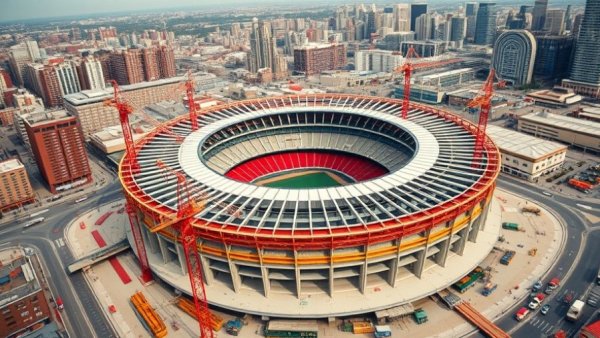 Stadium construction project milestones in urban skyline, November 2025.