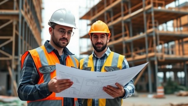 AI in construction - Workers using digital tools on site.