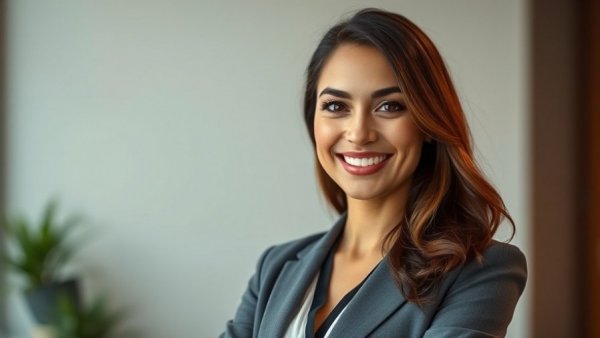 Confident woman in professional attire, smiling.