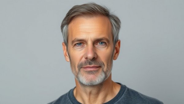 Neutral expression middle-aged man portrait, Photorealistic Lifelike style.