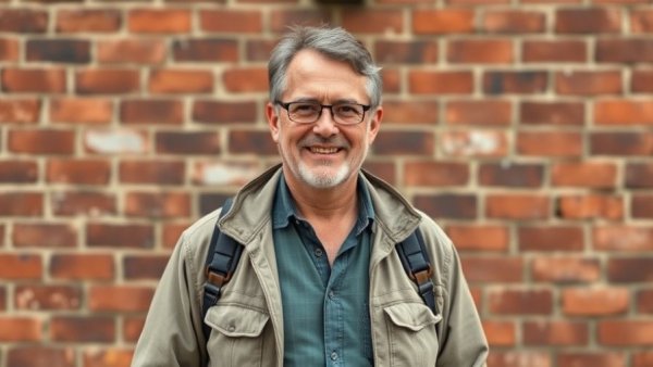 A smiling middle-aged man against a brick wall