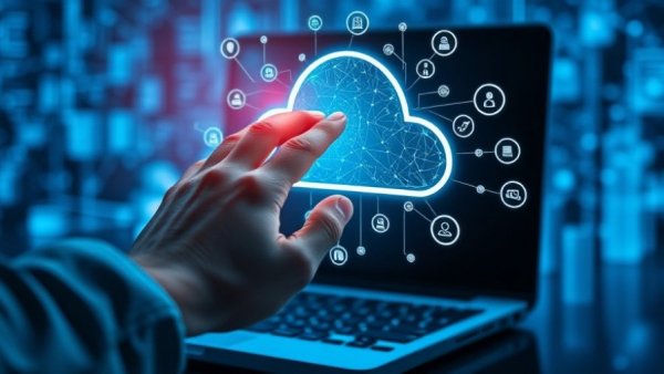 Futuristic digital interface with virtual cloud computing symbols.