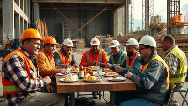 Thanksgiving in the construction industry with workers sharing a meal on site.