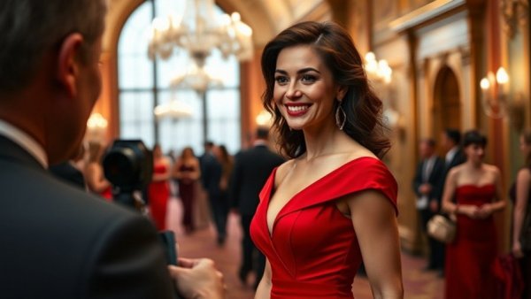Franca Fund Gala 2025 attendee in elegant red dress being interviewed.