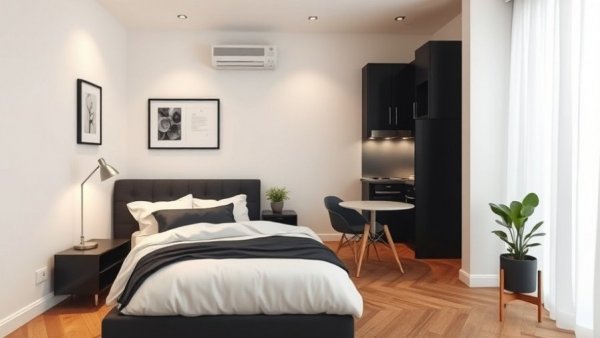 Modern small-space apartment design with bedroom kitchen combo.