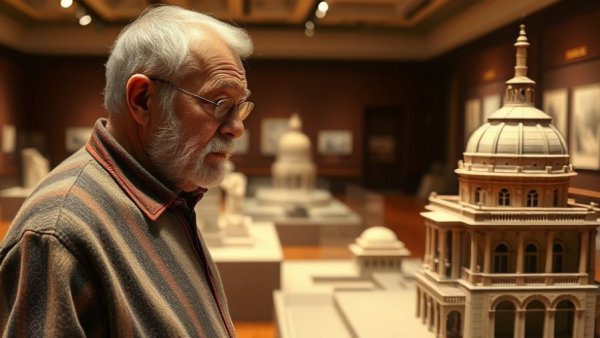 Architect contemplates model in museum, showcasing how Frank Gehry's architecture technology changed architects' work.