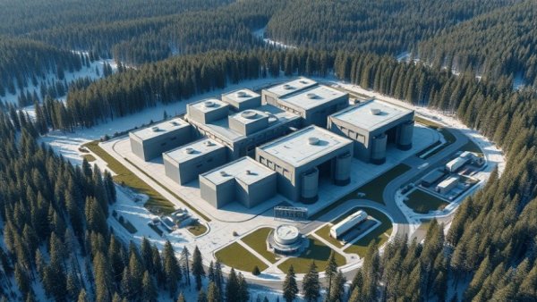 Aerial view of modular nuclear plant in winter forest.