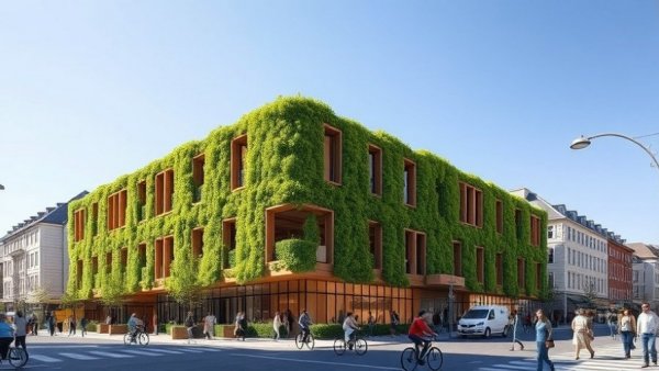 Modern mass timber construction building with green facade.