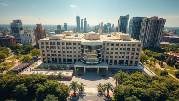 Aerial view of modern hospital showing prefabrication techniques in construction.