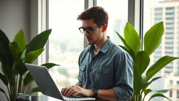 Casual young man using a laptop near a window for AI content creation.
