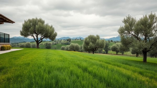 Lush artificial grass in winter with olive trees and rolling hills.