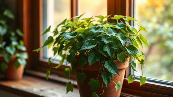 English Ivy plant in terracotta pot on windowsill, ideal for moisture control.