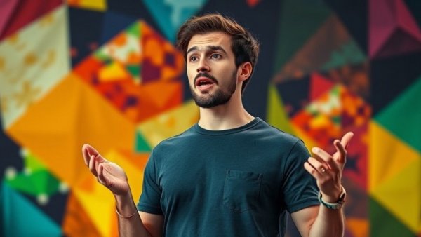 Young man debunking protein myths, colorful abstract backdrop.