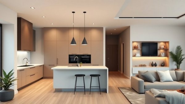 Contemporary kitchen and living room showcasing top home decor ideas for 2026.