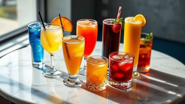 Artful display of Mitragynine non-alcoholic drinks on a marble table.