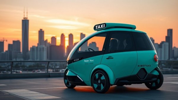 Futuristic RoboTaxi in Qatar with city skyline and sunset.