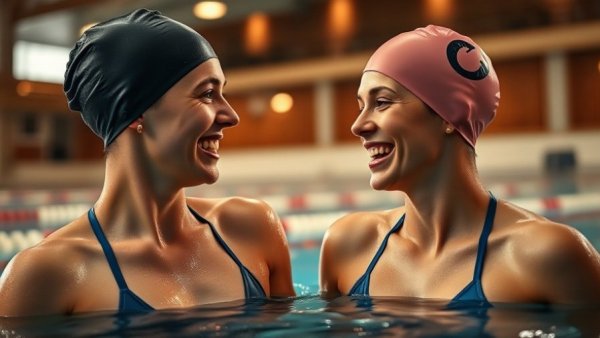 Swimmers bonding over a shared joke, indoor setting, warm lighting.