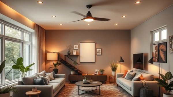 Modern living room with smart lighting, showcasing affordable upgrades.