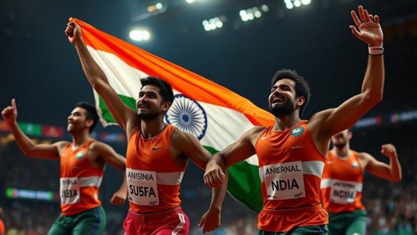 Dynamic Indian athletes celebrating victory as Every Indian 2025 World Champion, vibrant flag background.