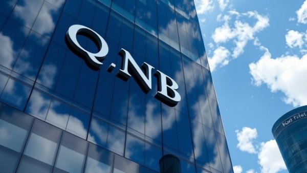 Reflective QNB building facade with sky reflection, QNB sponsorship FIFA Arab Cup.