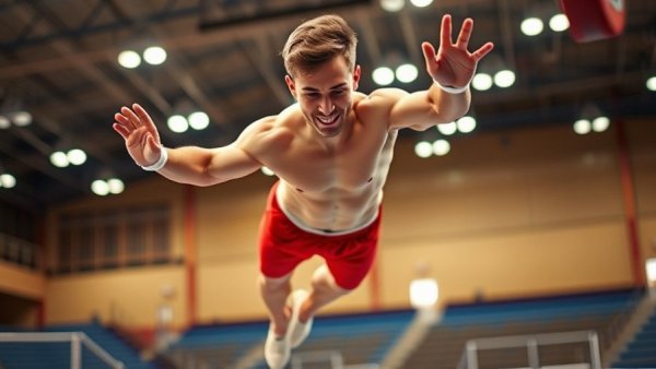 Ruben Padilla performing on trampoline with intense focus in a vivid sports arena.