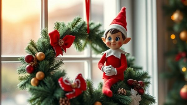Charming Christmas elf decoration on wreath in festive setting.