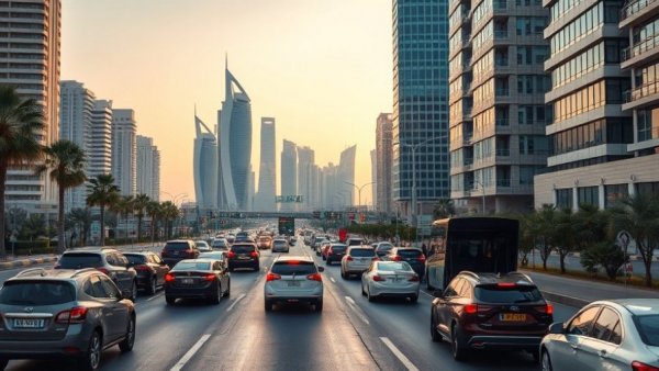 Explore Beautiful Doha Qatar: Busy street scene with city skyline.