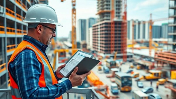 Modern construction project manager using digital tablet on site, construction technology news 2025.