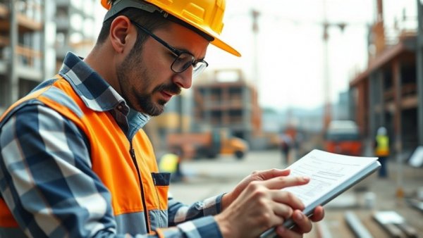 Construction site manager using tablet technology on site, construction technology innovations 2025.