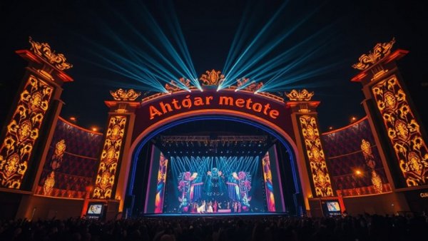 Grand stage with glowing lights at Arab Cup 2025 opening ceremony.