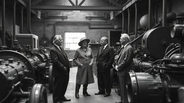 Historical photo of people in conversation around vintage machinery, YKK zippers meaning context