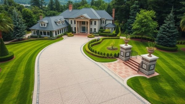 Stylish driveway designs shown with luxurious mansion and lush gardens.
