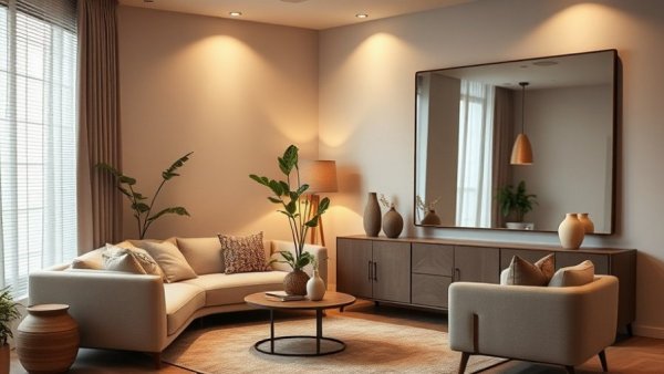 Elegant living room corner with stylish decorations and warm lighting.