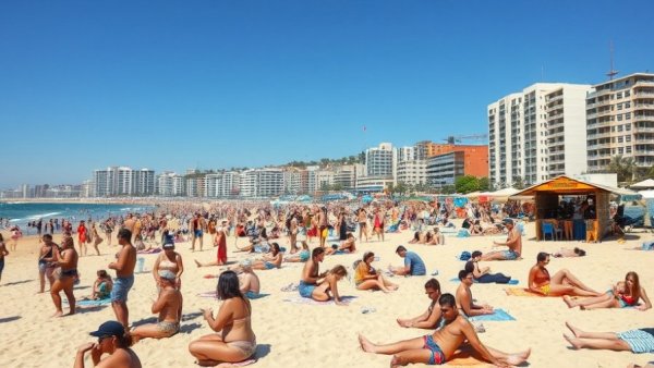 Crowded beach scene with people relaxing under clear sky, 820 Partner Visa