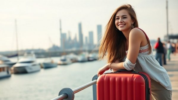 Smiling woman on suitcase by harbor, flexibility in travel depiction.