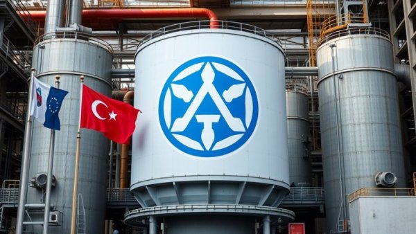 Industrial structures with corporate logo and flags, showcasing data center growth.