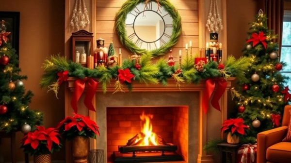 Elegant Christmas mantel decor with greenery and nutcrackers.