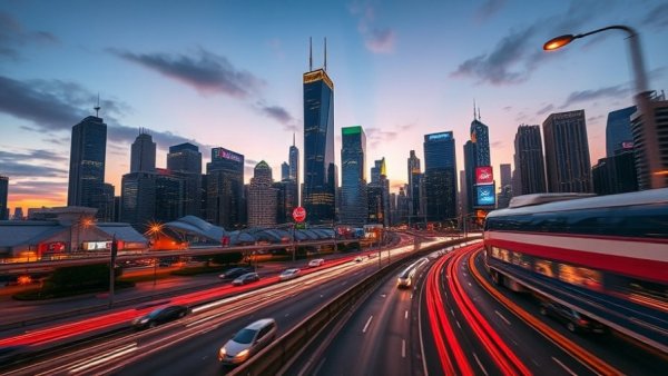 Nonresidential construction challenges depicted in vibrant cityscape at dusk.