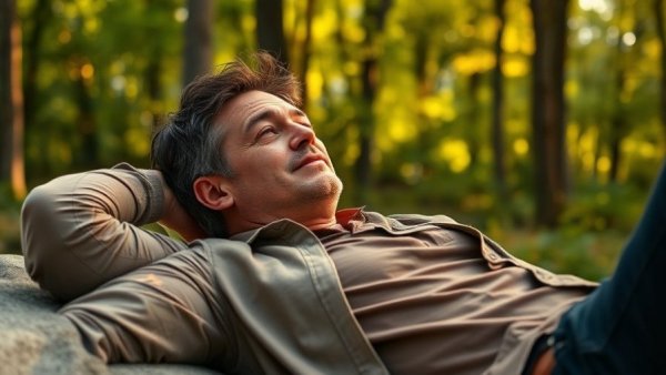 Thoughtful man resting in nature, Positive Leadership Action Framework inspiration