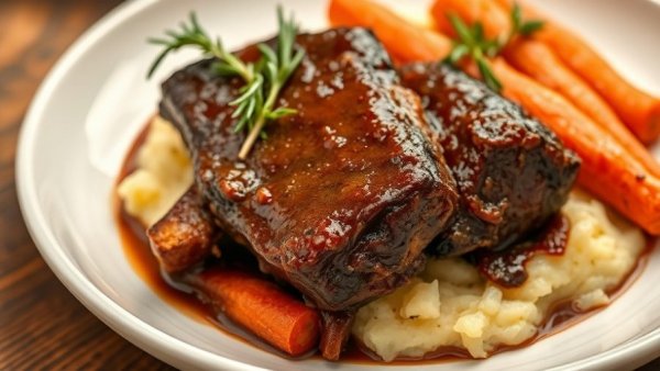Braised short ribs on mashed potatoes with carrots.