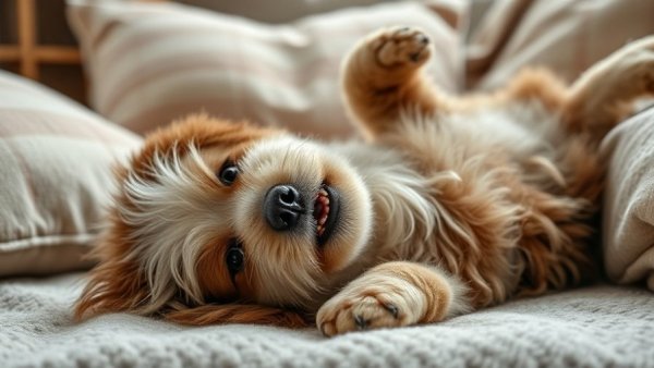 Fluffy dog resting on its back, cozy and relaxed in a home setting.