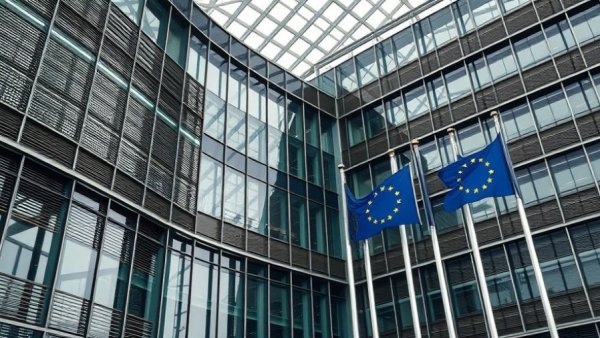 EU flags in front of modern building, representing regulation delay.