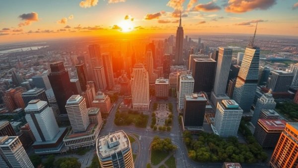 Aerial view of cityscape at sunset highlighting power infrastructure acquisition.