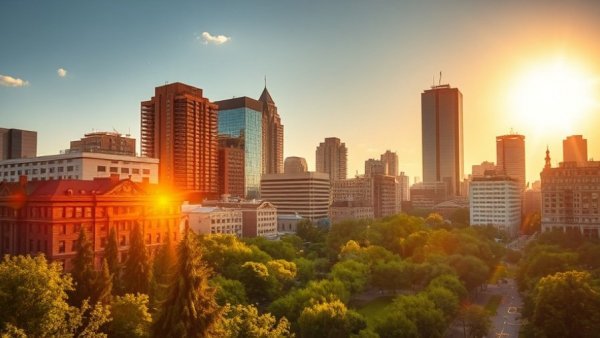 Sunlit Montreal cityscape blending historic and modern architecture during golden hour.