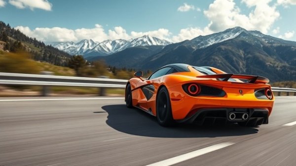 Orange sports car speeding on highway through scenic mountains.