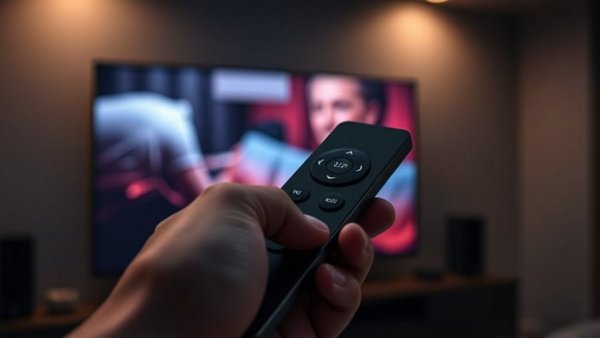 Hand holding the best smart remote in dimly lit room.