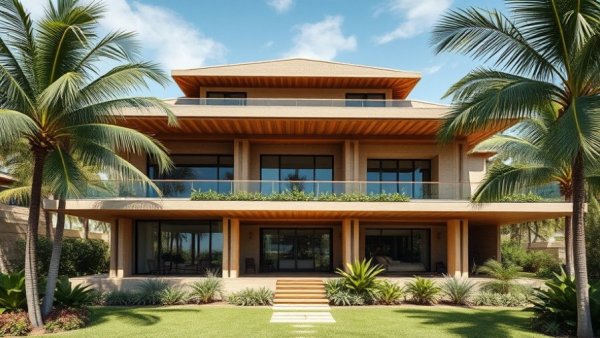 Modern tropical home design with layered roof, lush garden setting.