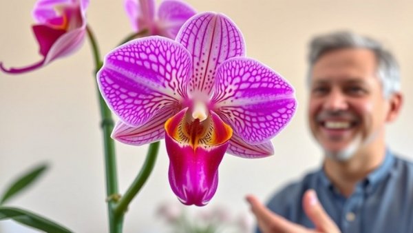 Paphiopedilum orchid care guide with smiling person displaying the plant.