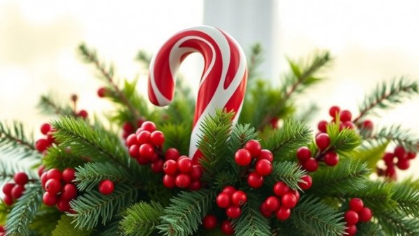 Festive candy cane vase with greenery and berries for last minute Christmas decorating ideas.