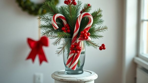 Festive candy cane vase for last-minute Christmas decorating ideas.